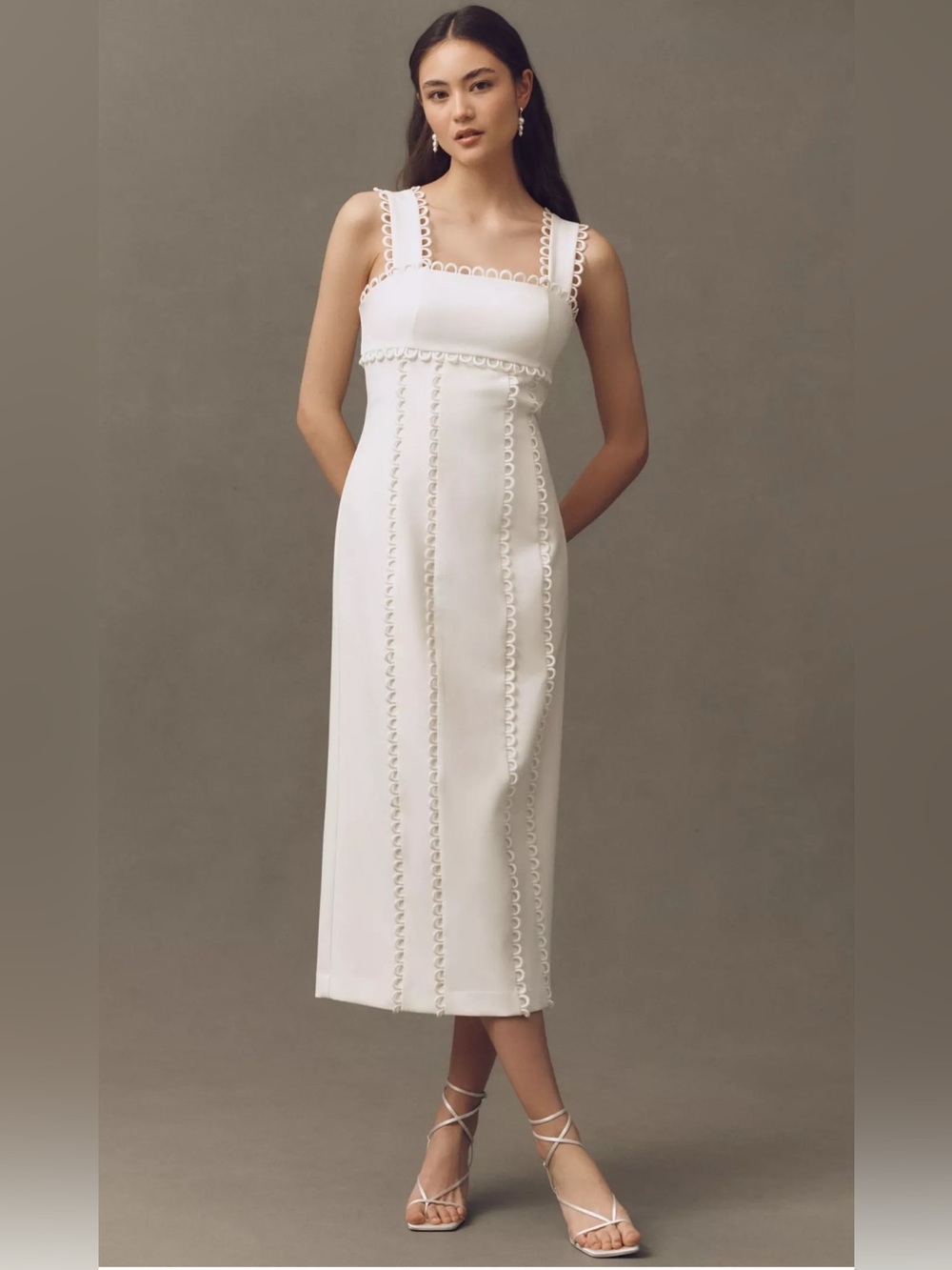 NWT BHLDN Sleeveless Square-Neck Scallop-Trim Midi Dress in White Dahlia Size M